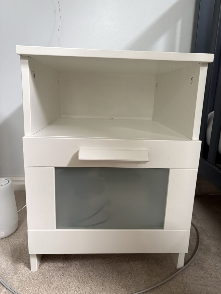 IKEA nightstand with open shelf and drawer with frosted glass pane