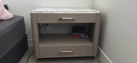 Modern Grey Wood Grain Nightstand with Marble Top - 2 drawer open shelf