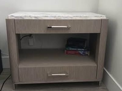 Modern Grey Wood Grain Nightstand with Marble Top - 2 drawer open shelf