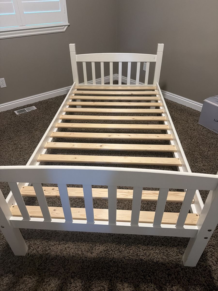 White Wood Twin Bed Frame with Slats with optional mattress