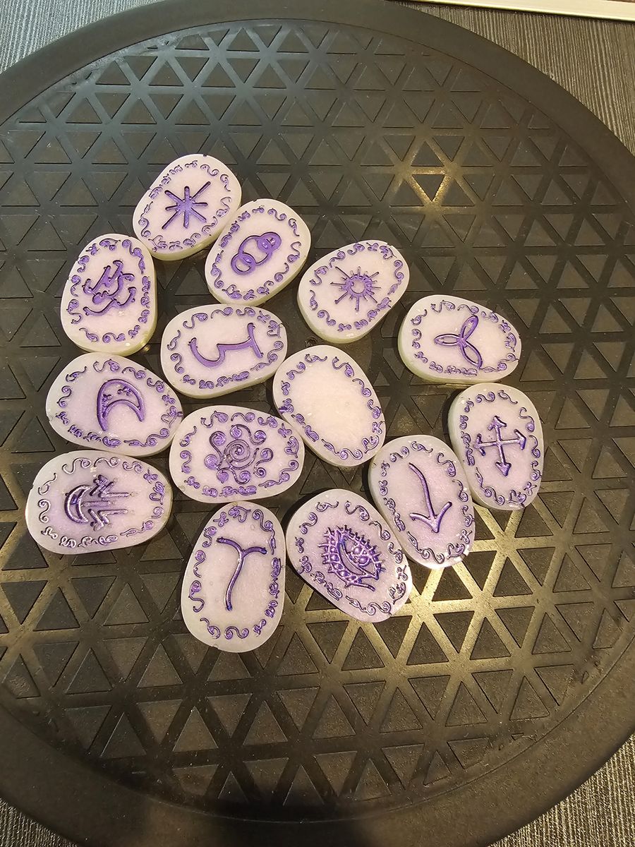 Handcrafted Resin Runes Set with Purple Symbols
