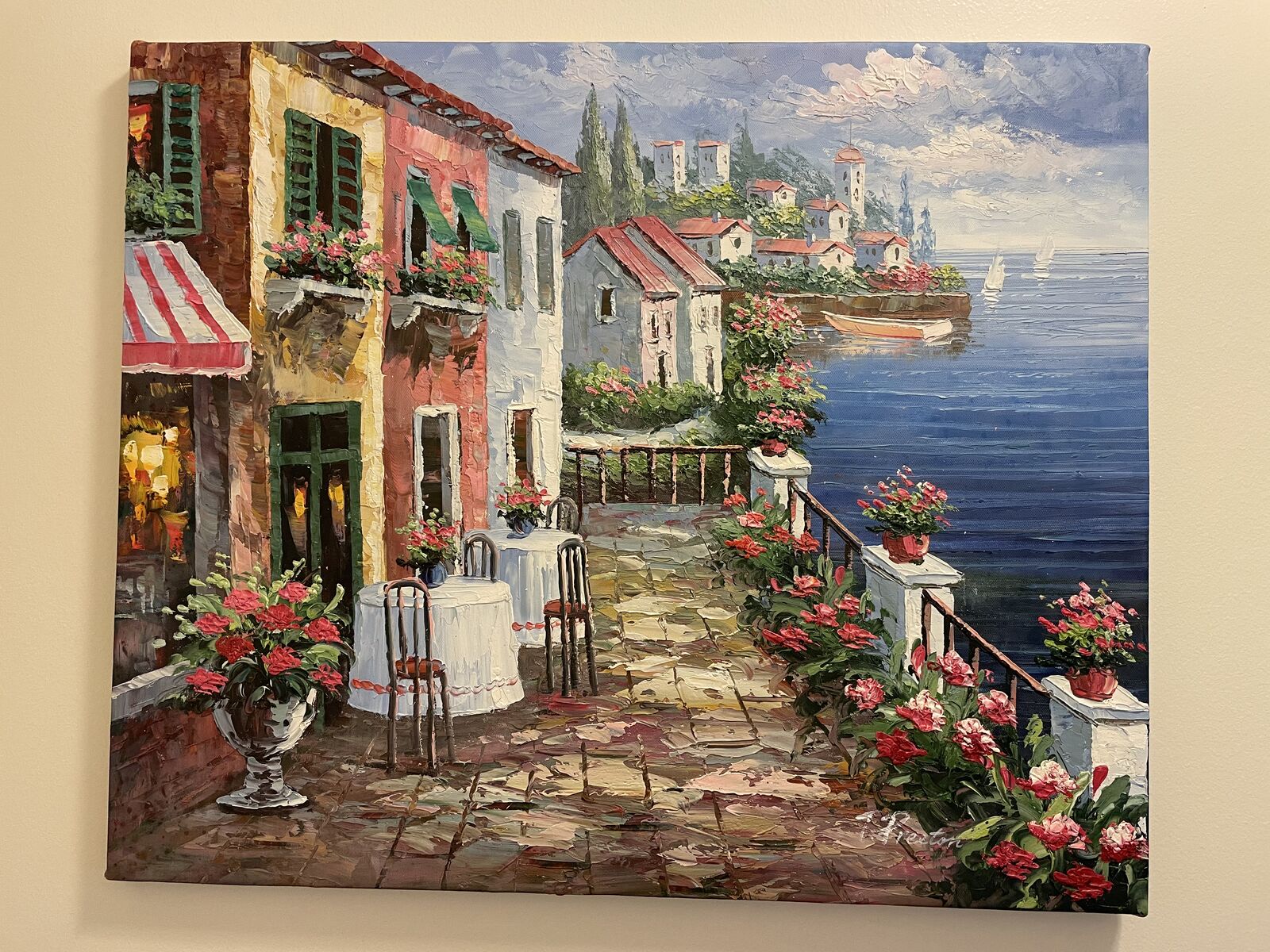Oil Painting of a Restaurant with an Ocean Side View