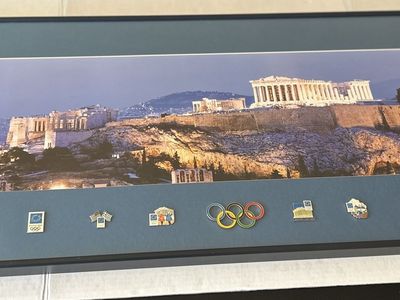 Athens 2004 Olympic Acropolis Framed Display with Olympic Pins – 39” Collectible Wall Art