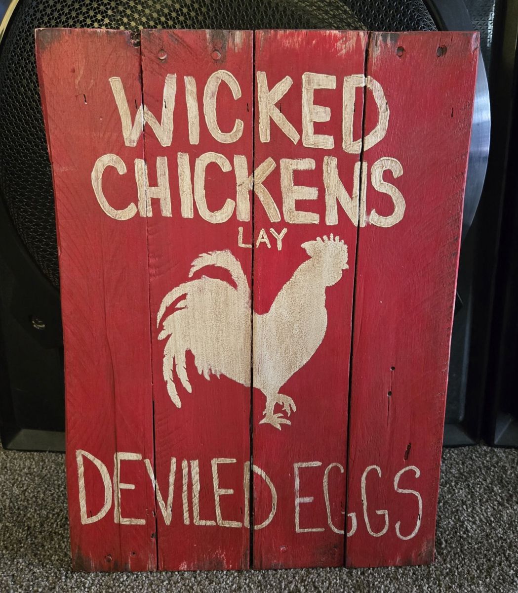 Wicked Chickens Lay Deviled Eggs Rustic Red Wood Sign Wall Decor Farmhouse Rooster Art