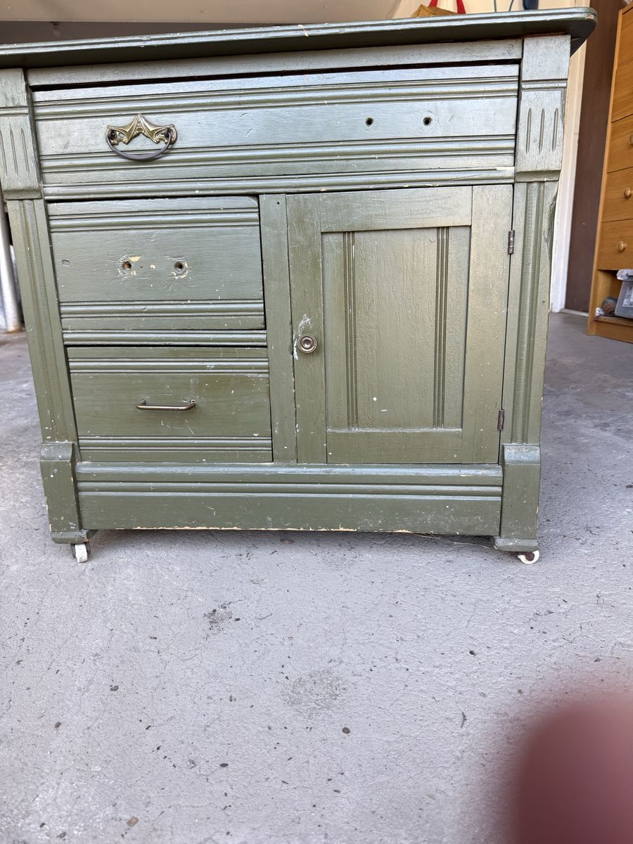 Vintage Green Wooden Cabinet with Drawers and Cabinet Door - Used Fair