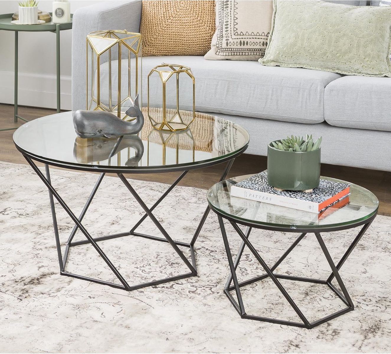 Geometric Glass Nesting Coffee Tables - Black (Walker Edison, Set of 2)