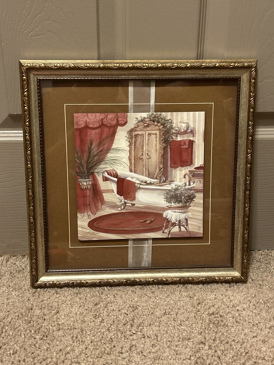 Framed Bathroom Scene Wall Art Decor Gold Ornate Frame Home Decor