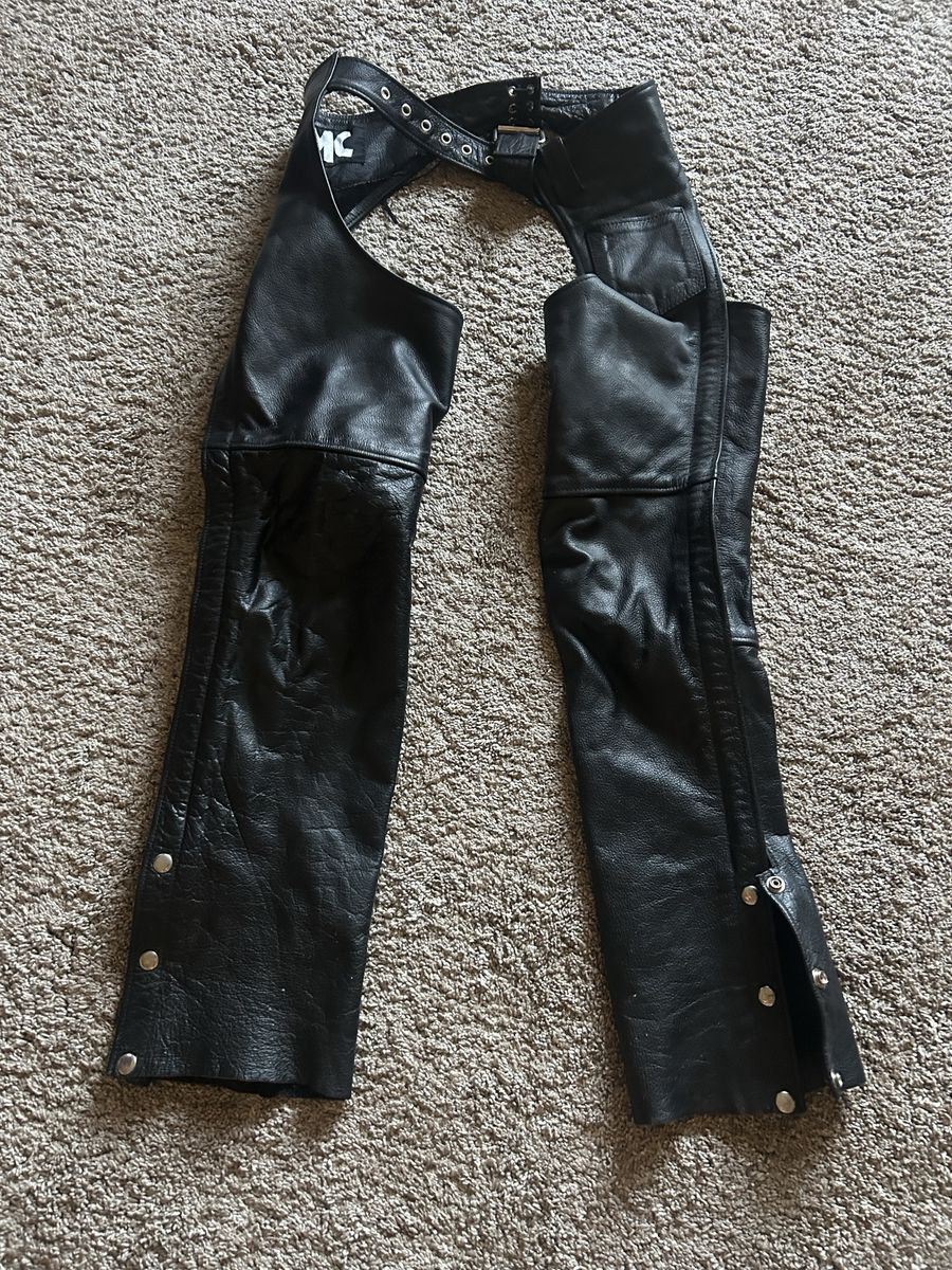 FMC Black Leather Motorcycle Chaps - Adjustable Belt, Zipper Closure - Used