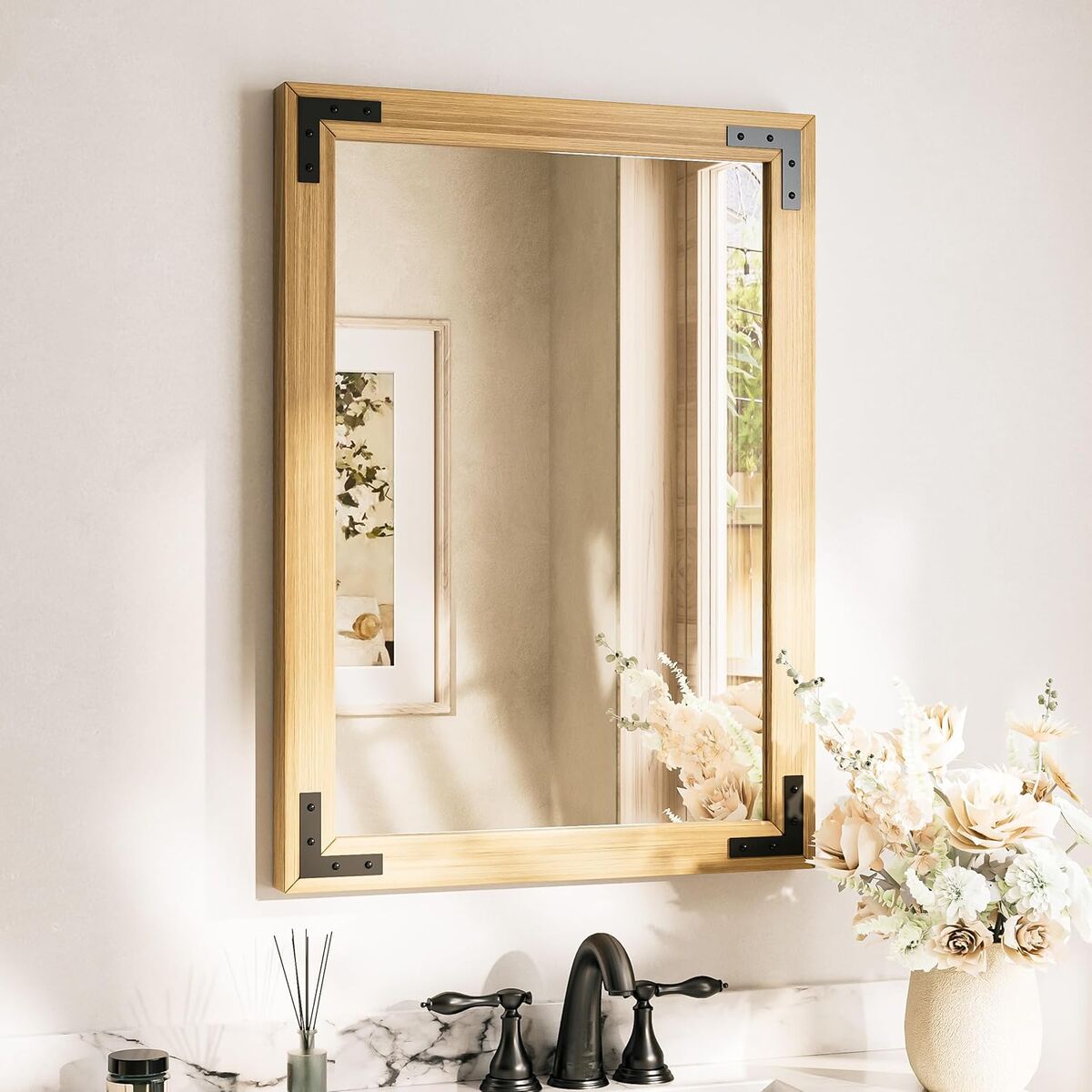 22 x 30 Inch Rustic Wooden Framed Wall Mirror, Natural Brown Wood