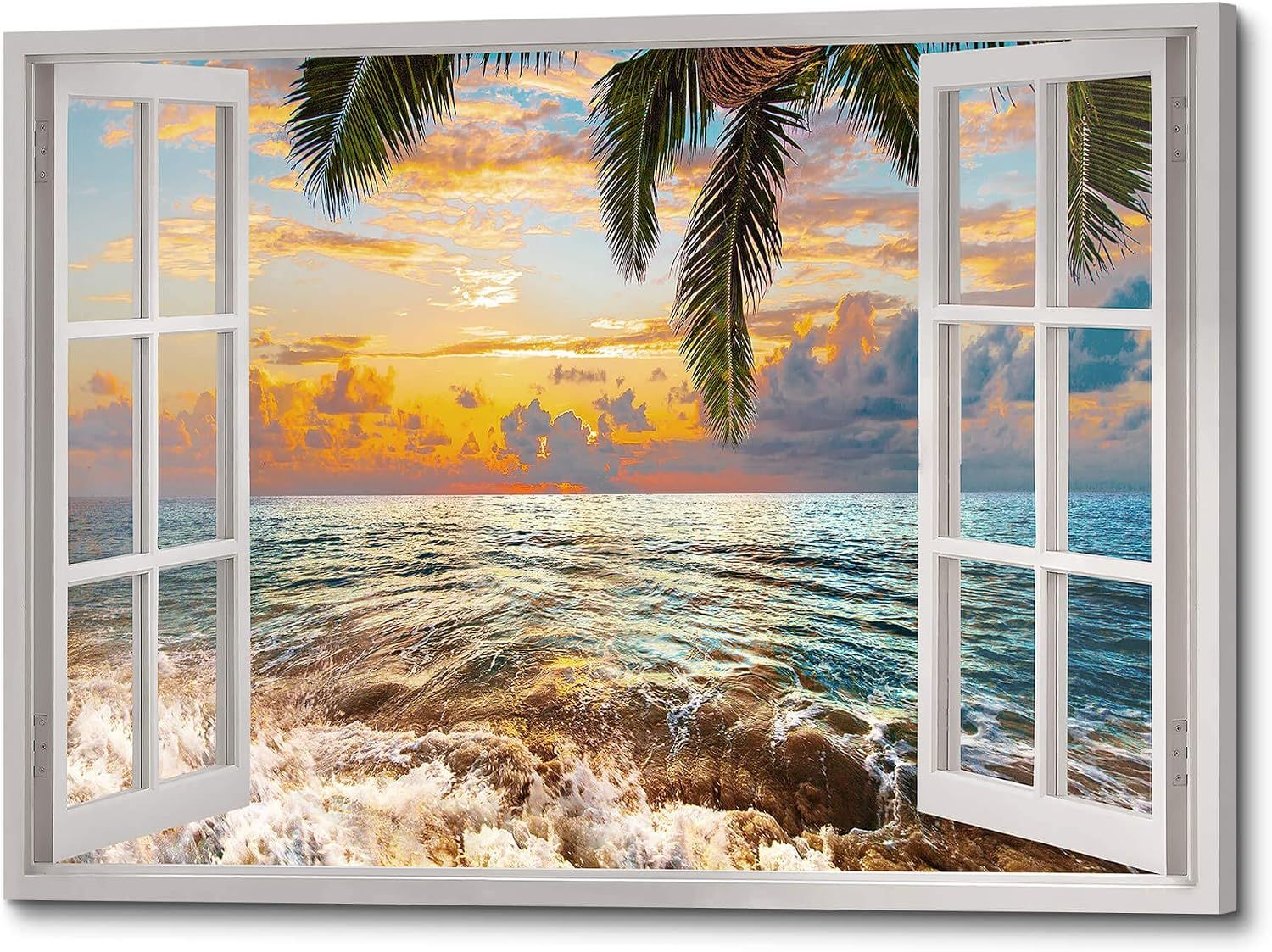 45" X 30" Open Window Sea Waves Under Sunset Canvas Wrapped Artwork