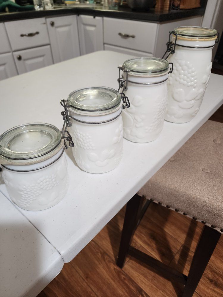 Wheaton Vintage Milk Glass Canister Set - 4 Piece White Grape Embossed Jars with Latch Lids