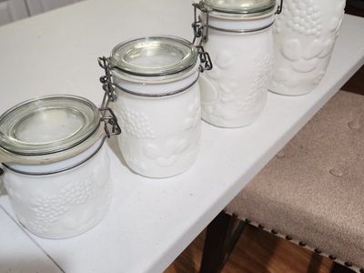 Wheaton Vintage Milk Glass Canister Set - 4 Piece White Grape Embossed Jars with Latch Lids