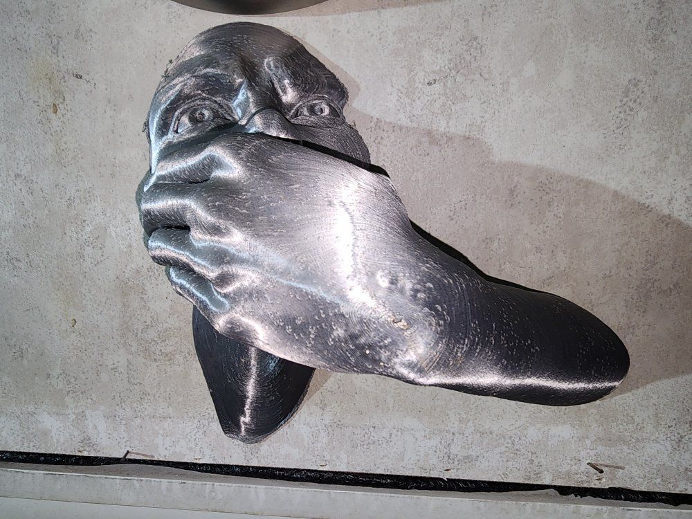 3D Printed 'Speak No Evil' Face Wall Sculpture - Metallic Silver/Black