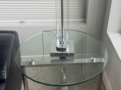 Round Contemporary Glass End Tables – Set of 2 + Matching Lamps (Optional Add-On)
