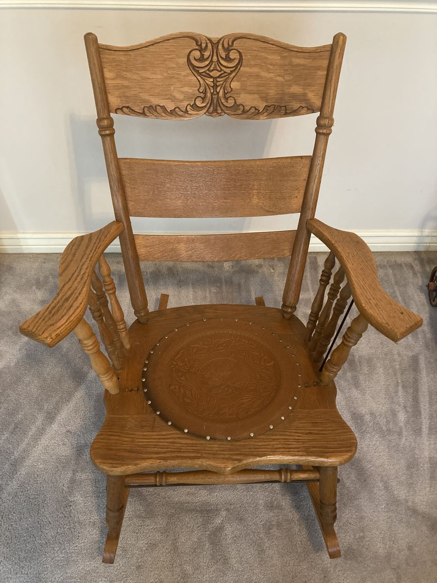Vintage Victorian Style Pressed Back Tiger Oak Rocking Chair With Embossed Leather Seat Insert Birds on Branch