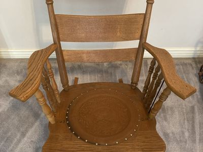 Vintage Victorian Style Pressed Back Tiger Oak Rocking Chair With Embossed Leather Seat Insert Birds on Branch