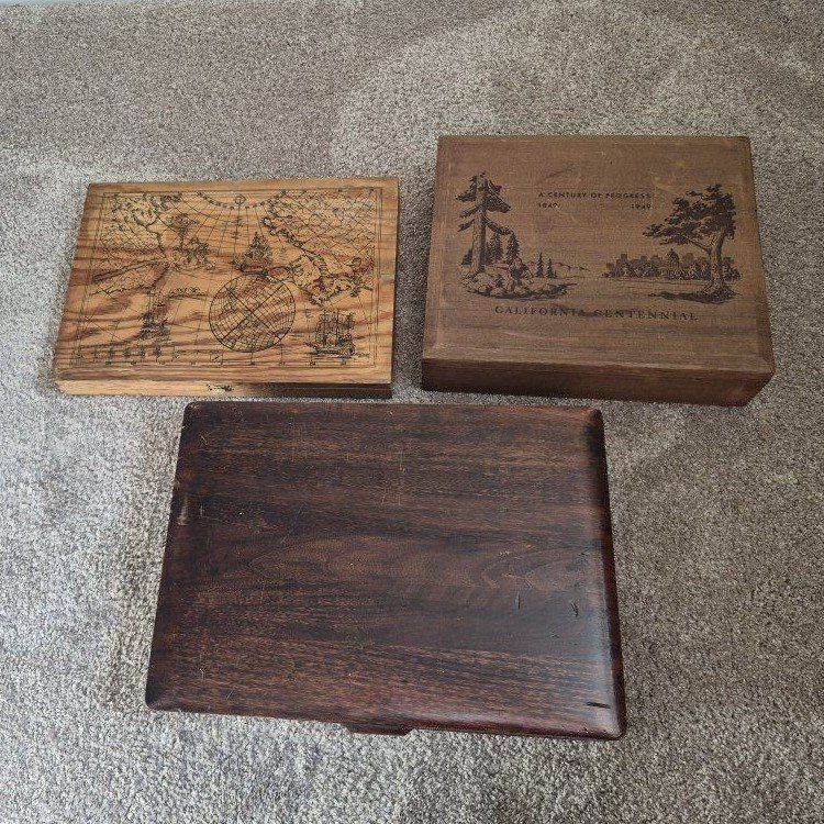 Set of 3 Vintage Decorative Wooden Boxes - California Centennial & Map Designs