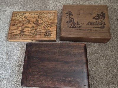 Set of 3 Vintage Decorative Wooden Boxes - California Centennial & Map Designs