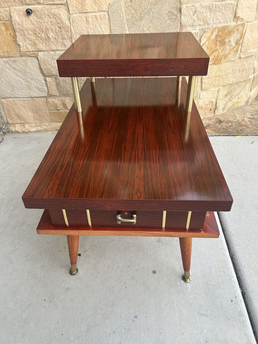 Vintage Mid Century Modern Two-Tier Step End Table with Drawer and Brass Accents