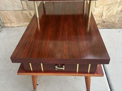 Vintage Mid Century Modern Two-Tier Step End Table with Drawer and Brass Accents