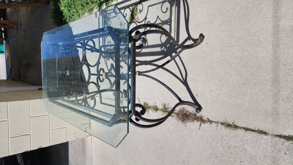 Ornate Wrought Iron & Glass Top Console Table