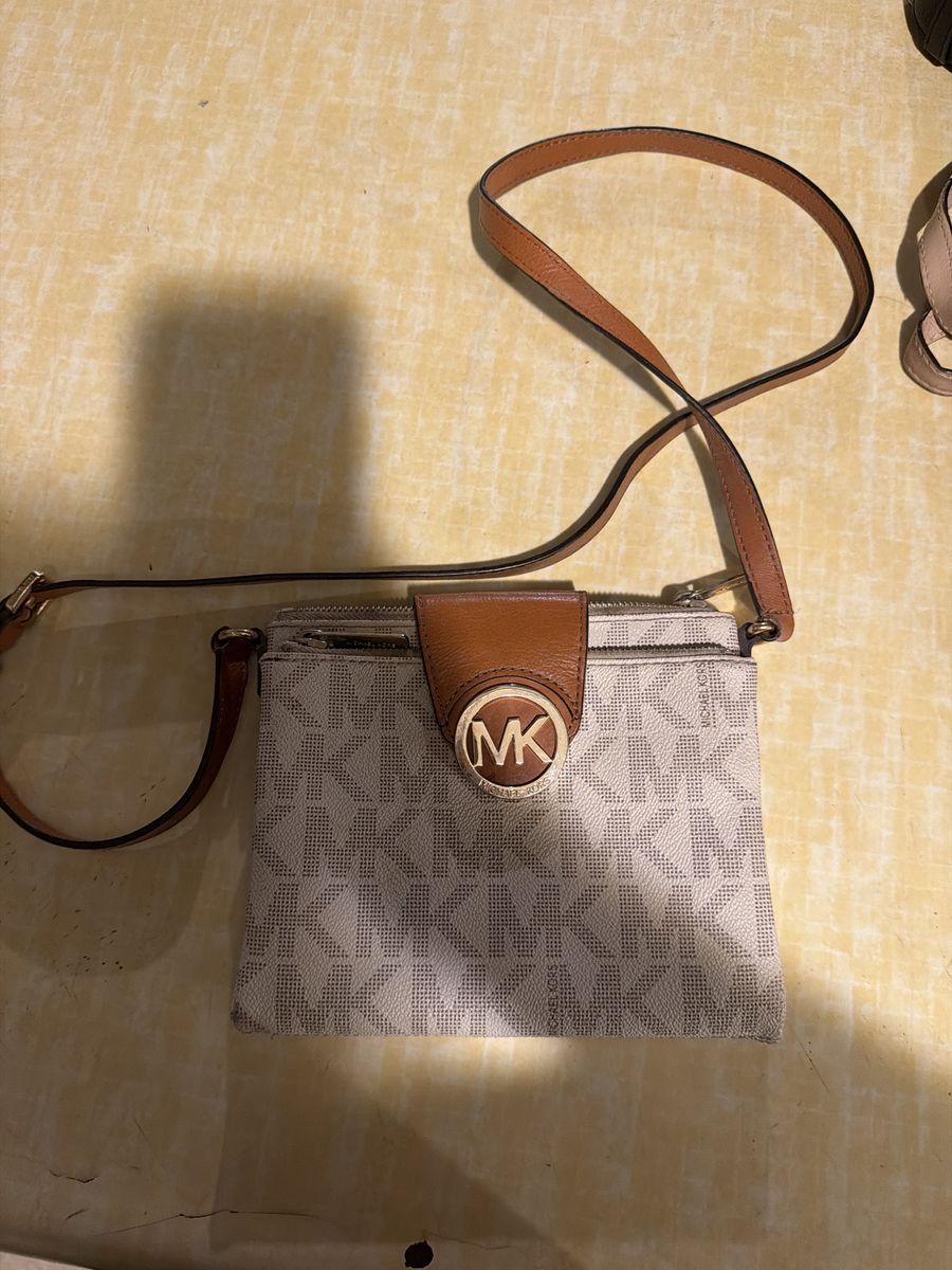 Michael Kors Crossbody Bag - Vanilla Signature MK Monogram with Tan Trim