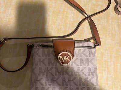 Michael Kors Crossbody Bag - Vanilla Signature MK Monogram with Tan Trim