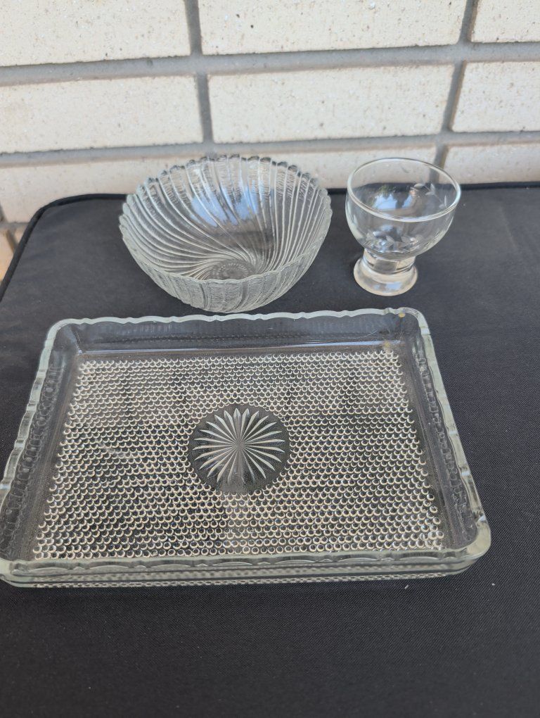 Vintage Clear Glass Tray, Swirl Bowl, & Footed Cup Set - Decorative Home Accents