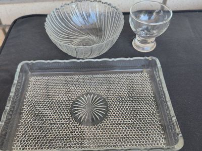 Vintage Clear Glass Tray, Swirl Bowl, & Footed Cup Set - Decorative Home Accents