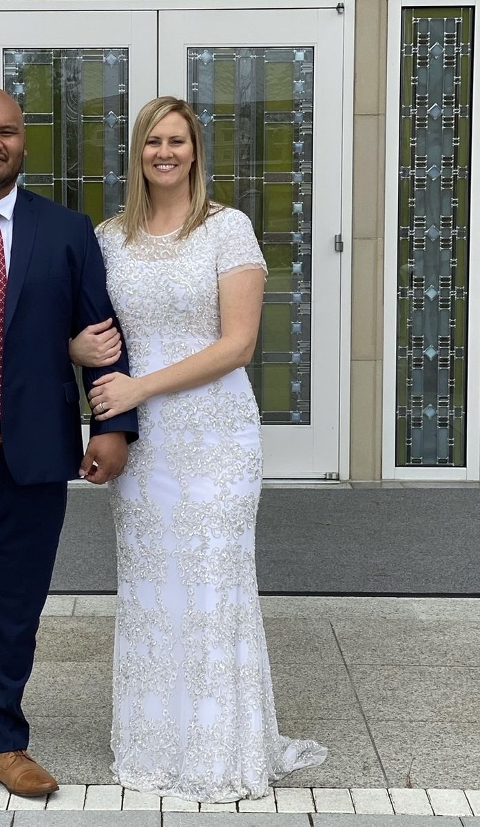 Ivory Beaded Short Sleeve Wedding Dress with Small Train
