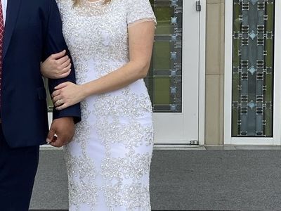 Ivory Beaded Short Sleeve Wedding Dress with Small Train