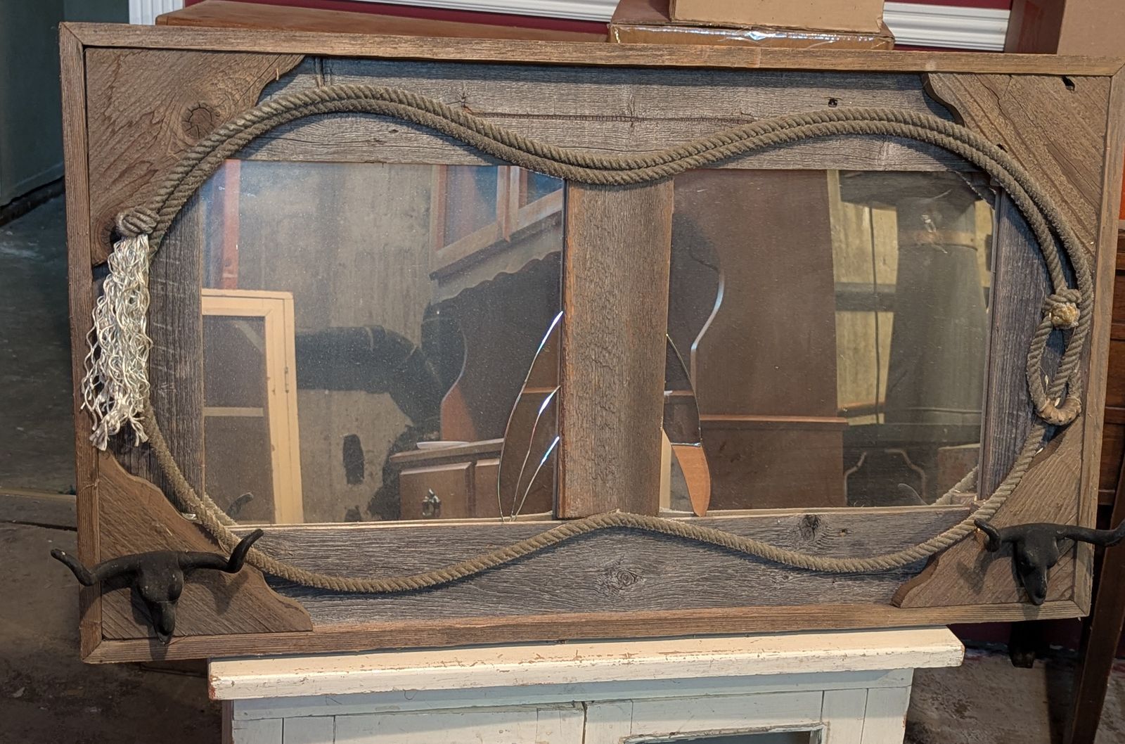 Rustic Western Wall Mirror - Weathered Wood & Rope Accents