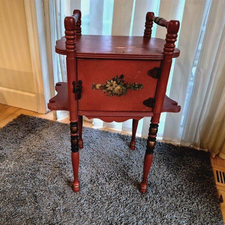 Vintage Cushman Wooden Smoking Cabinet End Table with Painted Floral Accent