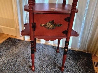 Vintage Cushman Wooden Smoking Cabinet End Table with Painted Floral Accent