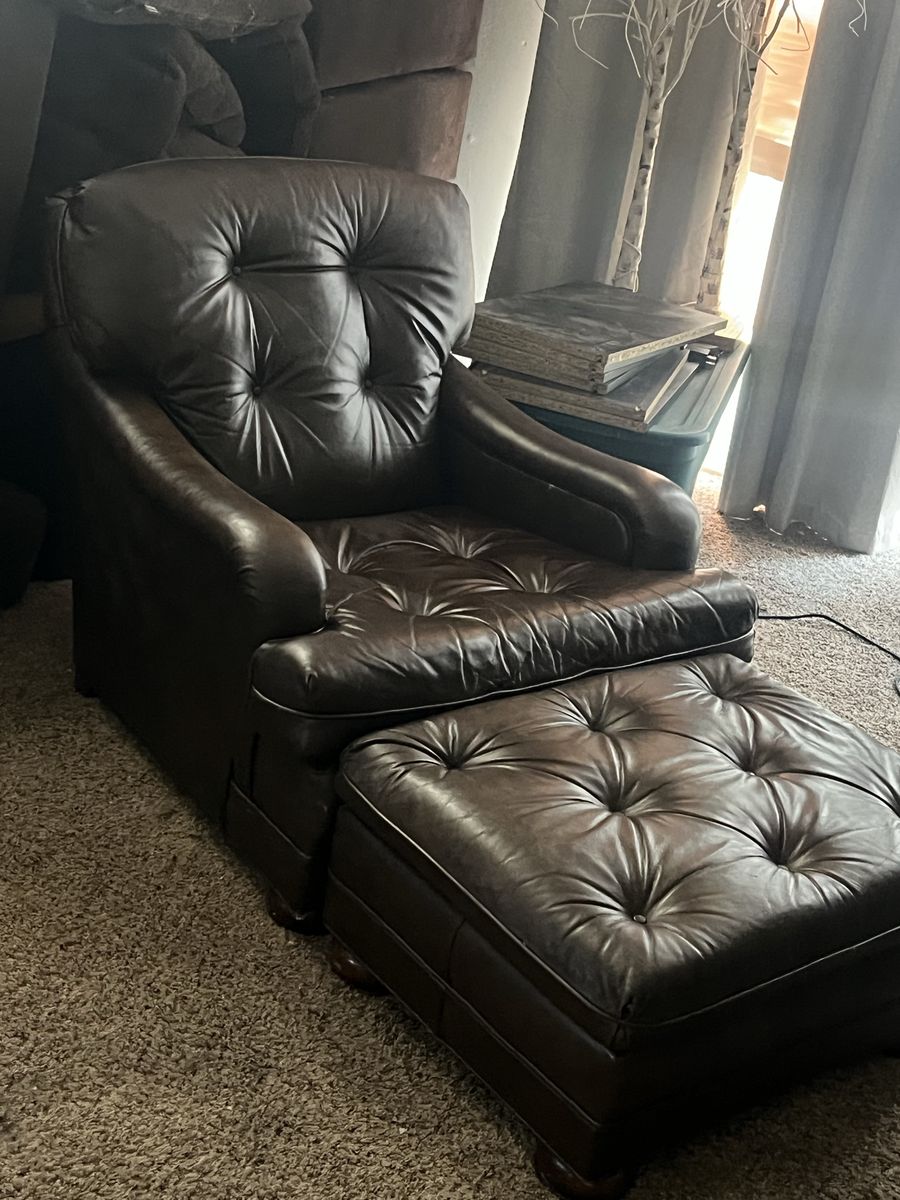 Brown Tufted Leather Armchair with Matching Ottoman 