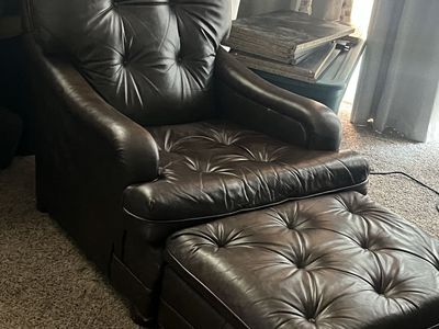 Brown Tufted Leather Armchair with Matching Ottoman