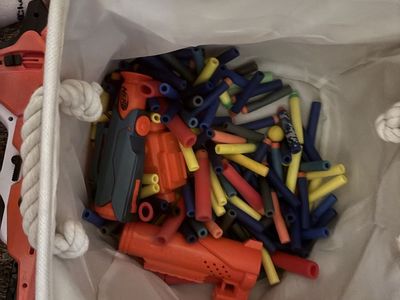 Lot of 12 Dart Guns: Nerf & X-Shot Blasters with Bucket of Darts & Attachments