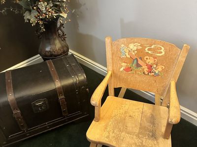 Vintage Children's Wooden Rocking Chair with Animal Seesaw Graphic