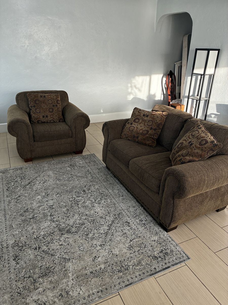 Brown Striped Fabric Sofa and Armchair Set with Accent Pillows