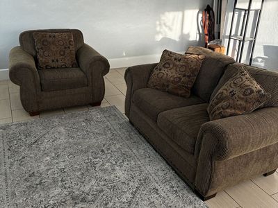 Brown Striped Fabric Sofa and Armchair Set with Accent Pillows