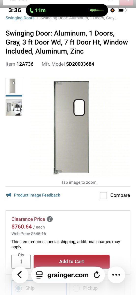Grainger SD20003684 Aluminum Swinging Door, Gray, 3' W x 7' H, Window