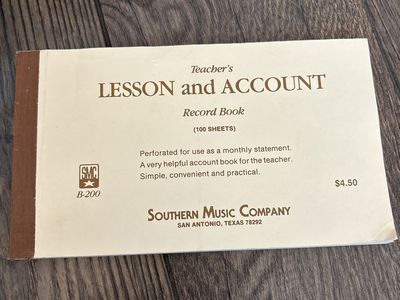Southern Music Co. Teacher's Lesson & Account Record Book B-200, 100 Sheets, Monthly Statements