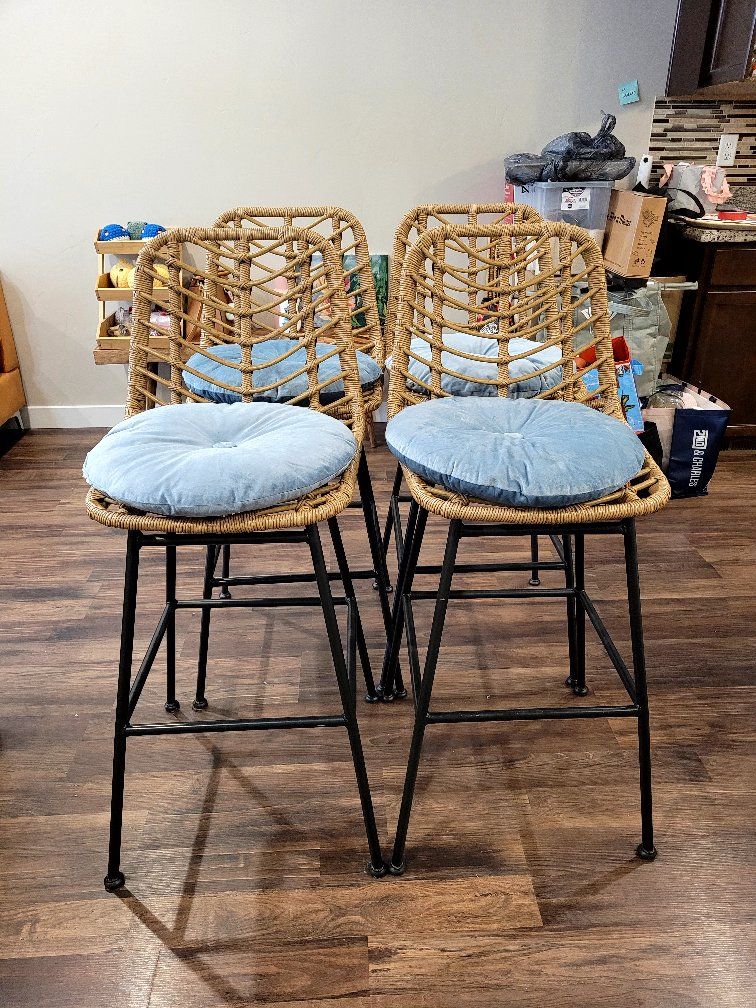 Set of 4 Woven Rattan Bar Stools with Light Blue Cushions - Modern Boho Counter Height