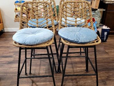 Set of 4 Woven Rattan Bar Stools with Light Blue Cushions - Modern Boho Counter Height