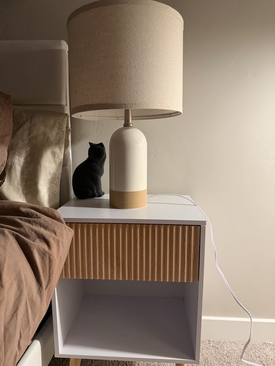 Modern White & Fluted Wood Nightstand with Single Drawer pair of two with lamp