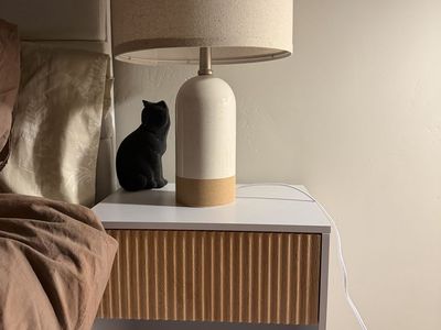 Modern White & Fluted Wood Nightstand with Single Drawer pair of two with lamp