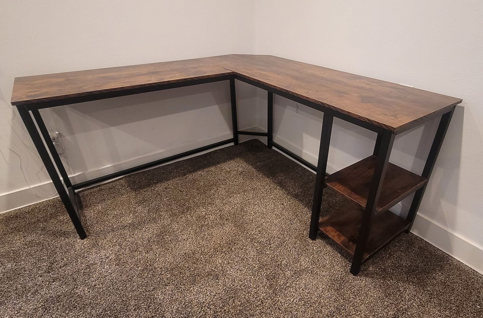 L-Shaped Desk with Metal Frame + Shelves — Great Home Office / Student Desk