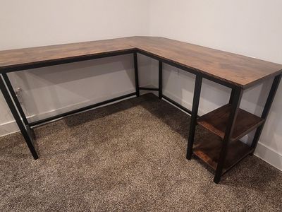 L-Shaped Desk with Metal Frame + Shelves — Great Home Office / Student Desk