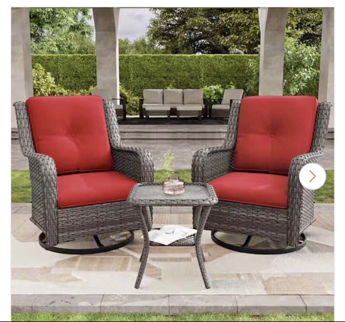 3-Piece Wicker Patio Swivel Rocking Chair Set with Red Cushions and Table - Outdoor Furniture