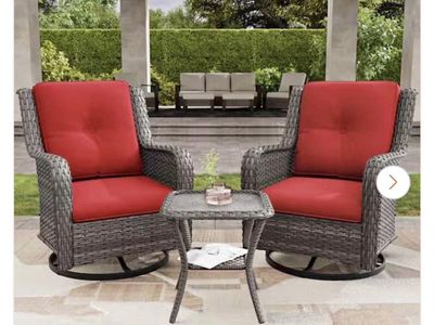 3-Piece Wicker Patio Swivel Rocking Chair Set with Red Cushions and Table - Outdoor Furniture